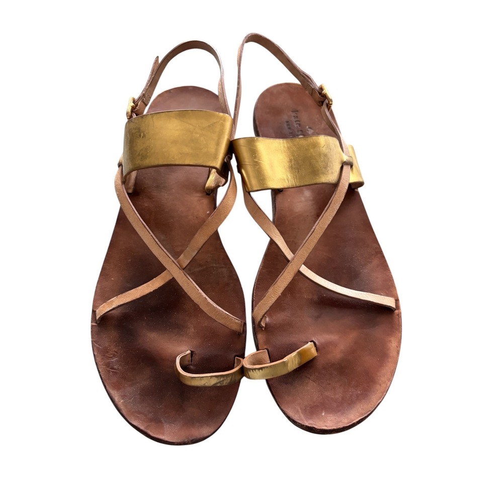 Kate Spade New York Gold Metallic Strappy Leather Flat Sandals 9M 51 Made Brazil